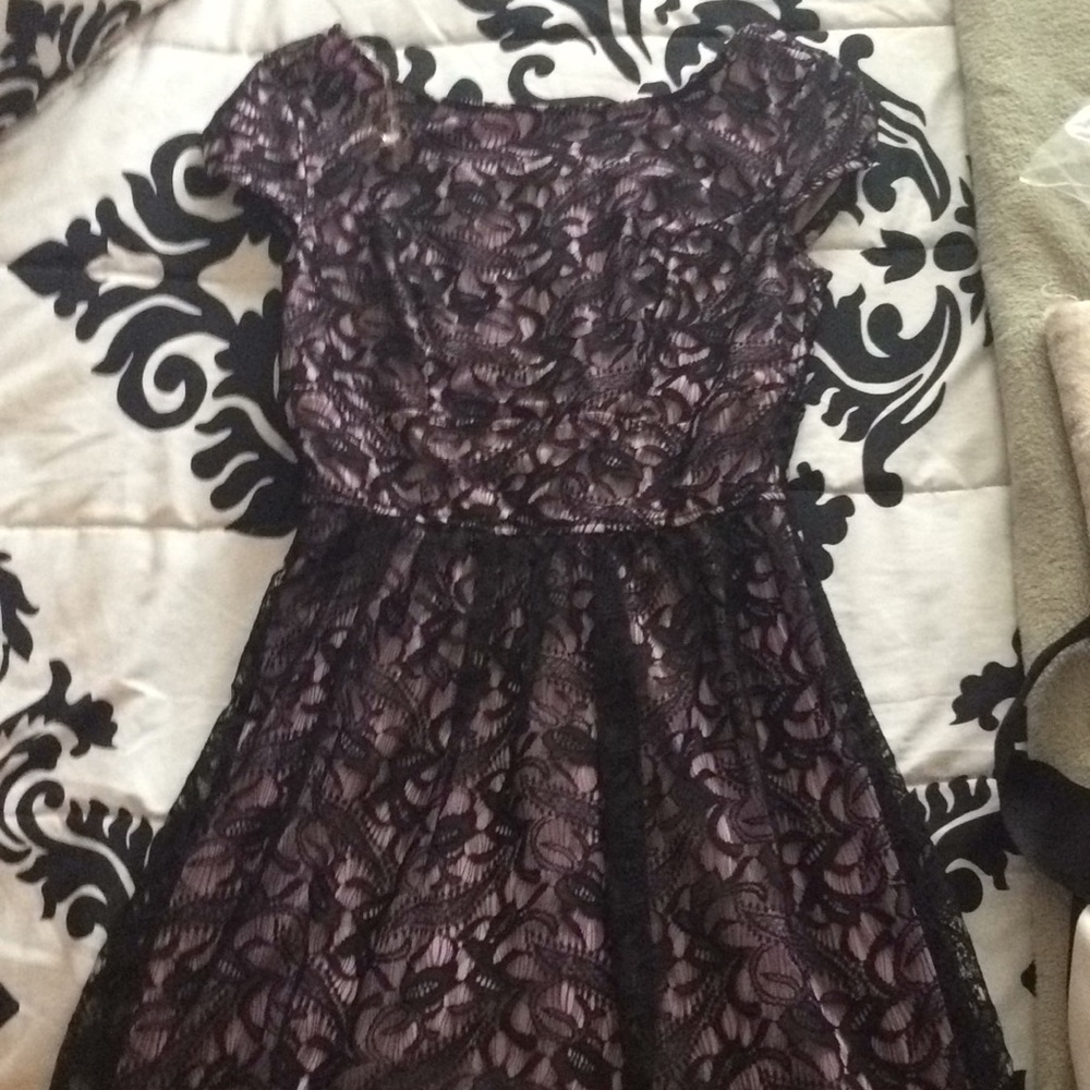 Purple with black lace off the shoulder dress